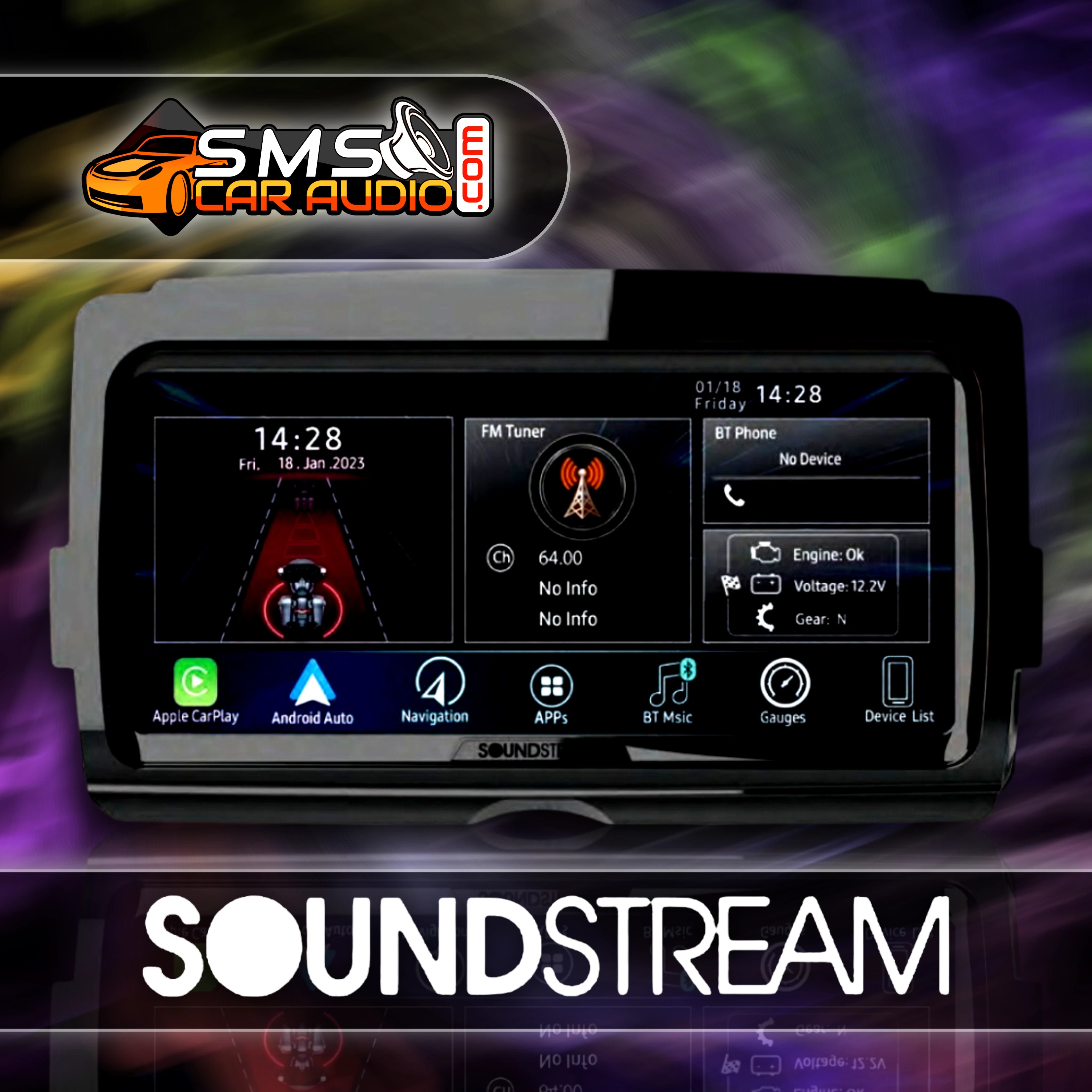 Soundstream and Precision Power radios, motorcycle products, amplifiers, and vehicle audio
