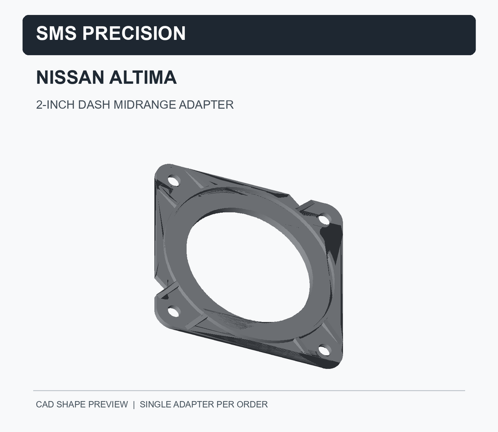 CAD model preview of the SMS Precision Nissan Altima 2-inch dash midrange speaker adapter, single bracket