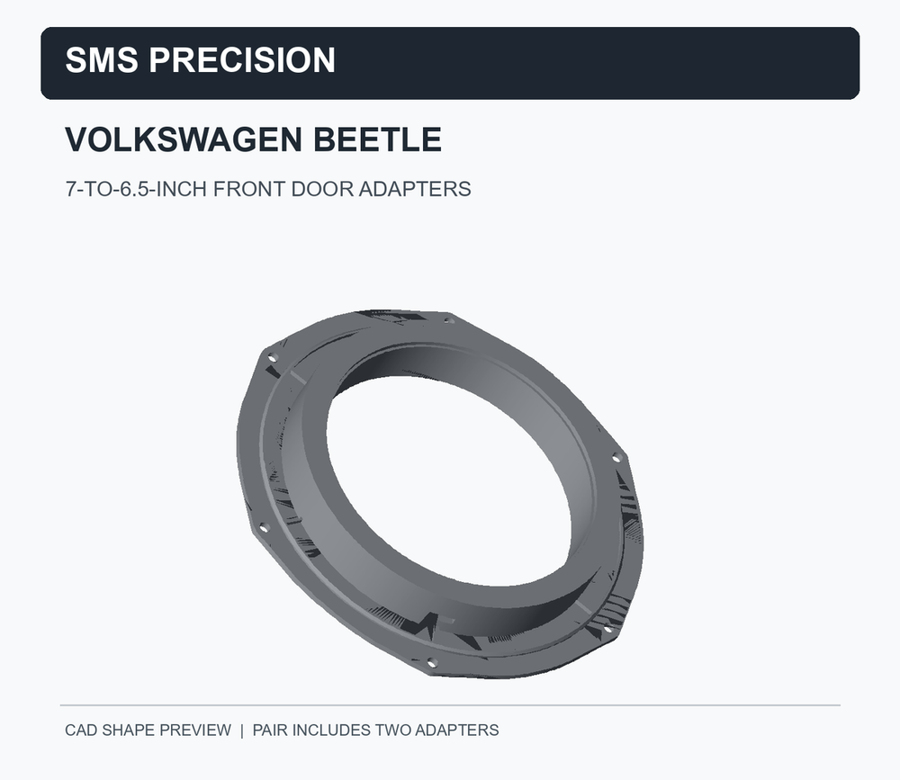 CAD model preview of the SMS Precision Volkswagen Beetle 7-inch to 6.5-inch front door speaker adapter pair