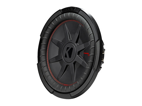 Kicker CompRT 12-inch shallow subwoofer left three-quarter view