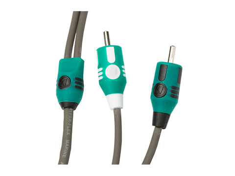 KICKER KM-Series marine RCA signal cable — split-pin connector detail