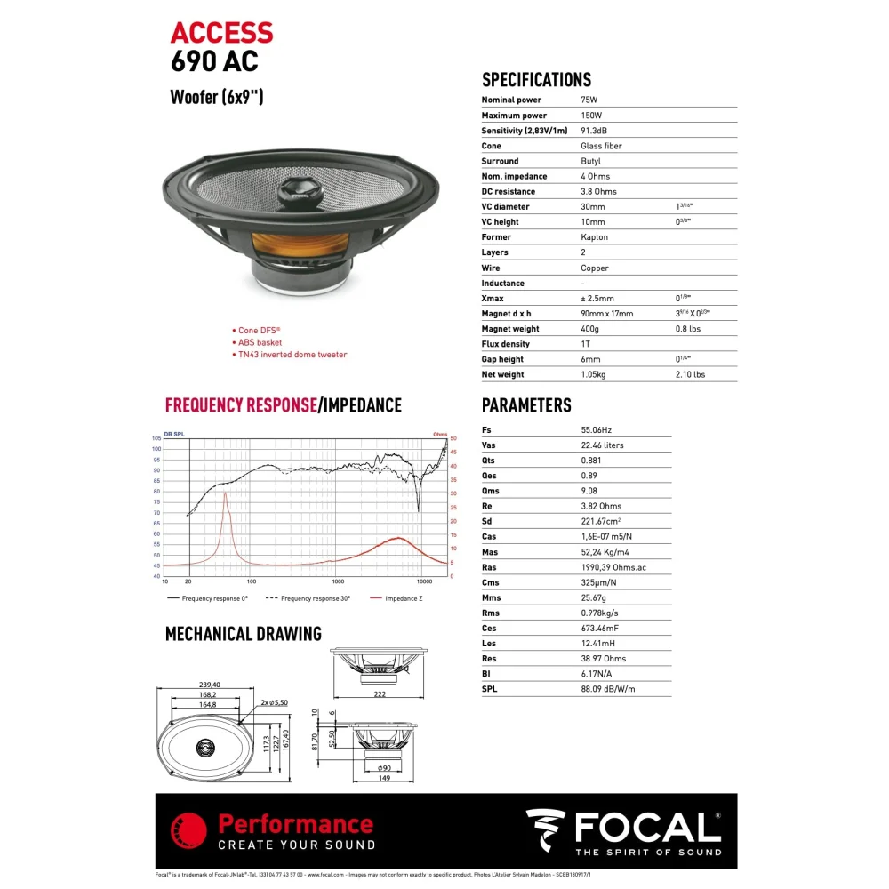 690 Ac Focal Access 6x9’’ Inch Coaxial 2 Way Speakers 75w