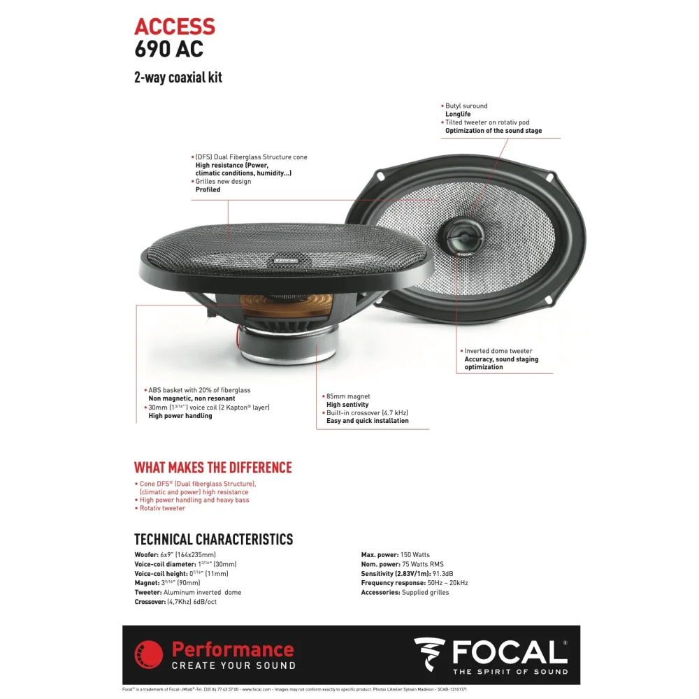 690 Ac Focal Access 6x9’’ Inch Coaxial 2 Way Speakers 75w