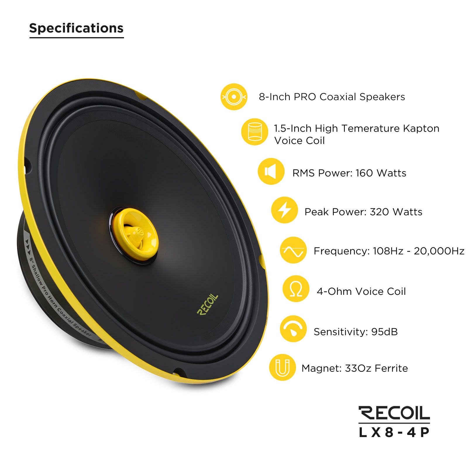 LX8-4P 8″ Pro Horn Coaxial Speaker – 320W Max, 95dB Sensitivity, 4Ω, Bullet Tweeter, 33oz Ferrite Magnet, 1.5″ KSV Voice Coil – High-Output Shallow Mount for Car, Truck, UTV, ATV, Golf Cart – Pair product image at SMS Car Audio