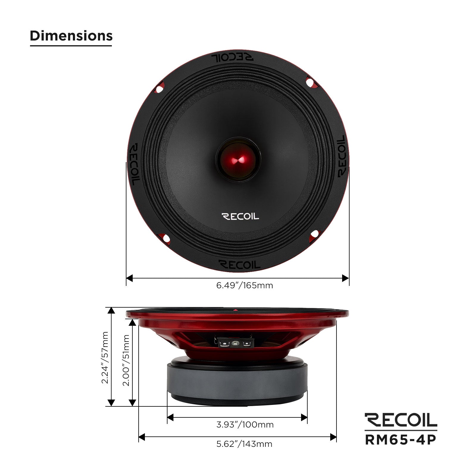 Recoil RM65-4P 6.5″ Midrange Car Speakers Pair – 200W RMS (400W Max) 4Ω – 93dB Sensitivity – Pressed Paper Cone & KSV Voice Coil – Red Storm Series Sale