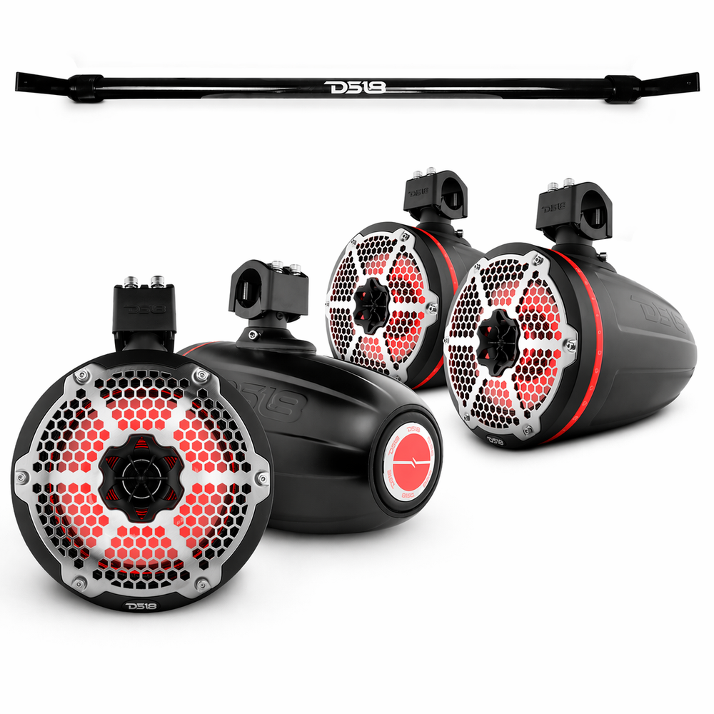 DS18 Jeep Gladiator JT mounting bar with four black 8-inch NXL-X8TPNEO tower speakers