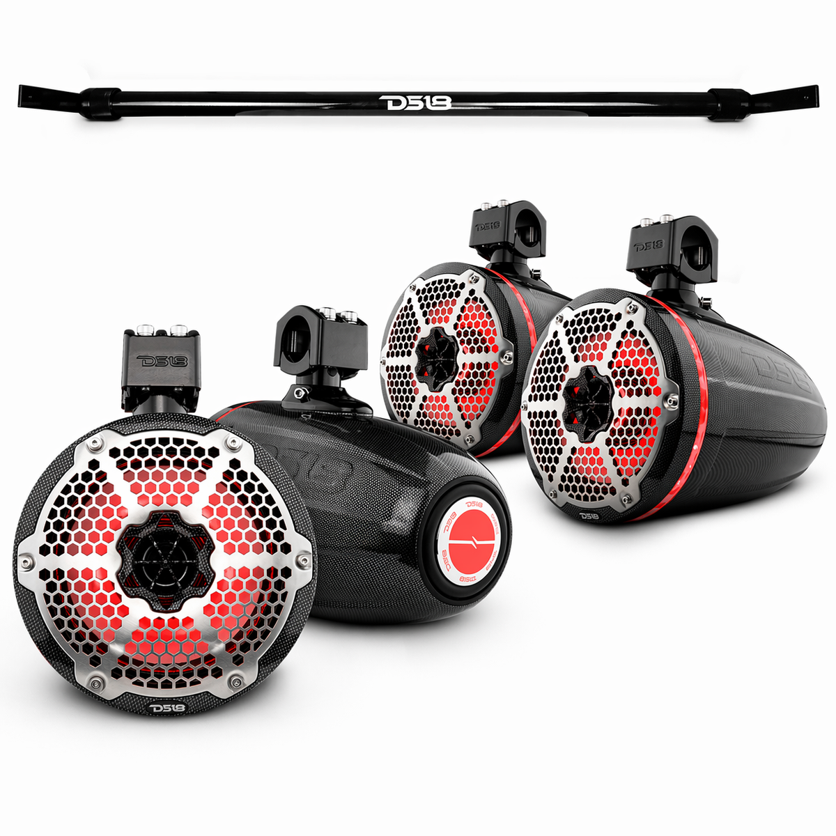 DS18 Jeep Gladiator JT mounting bar with four carbon-fiber 8-inch NXL-X8TPNEO tower speakers