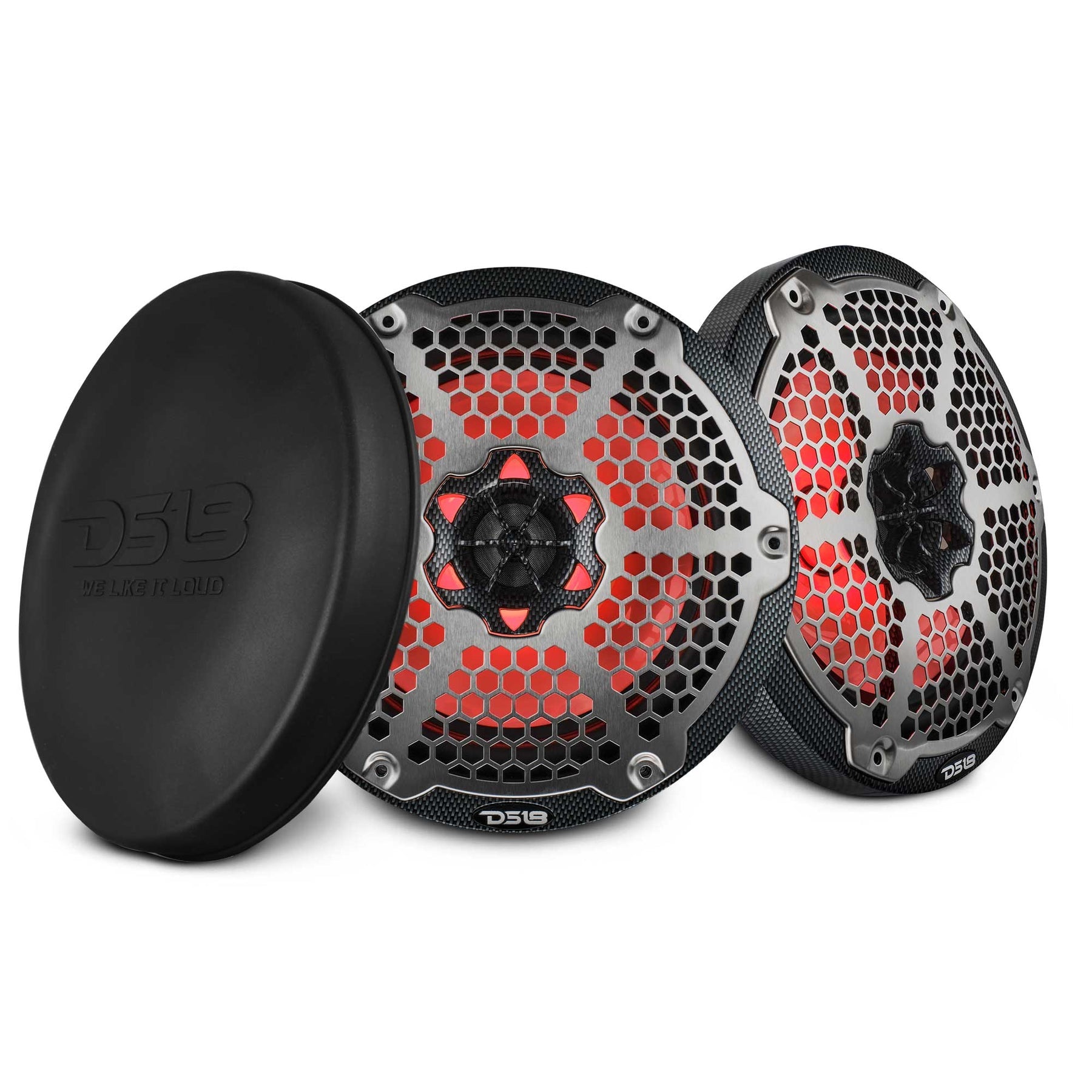 DS18 CF-8M carbon-fiber-look 8-inch marine speakers with metal grilles and RGB lighting pair