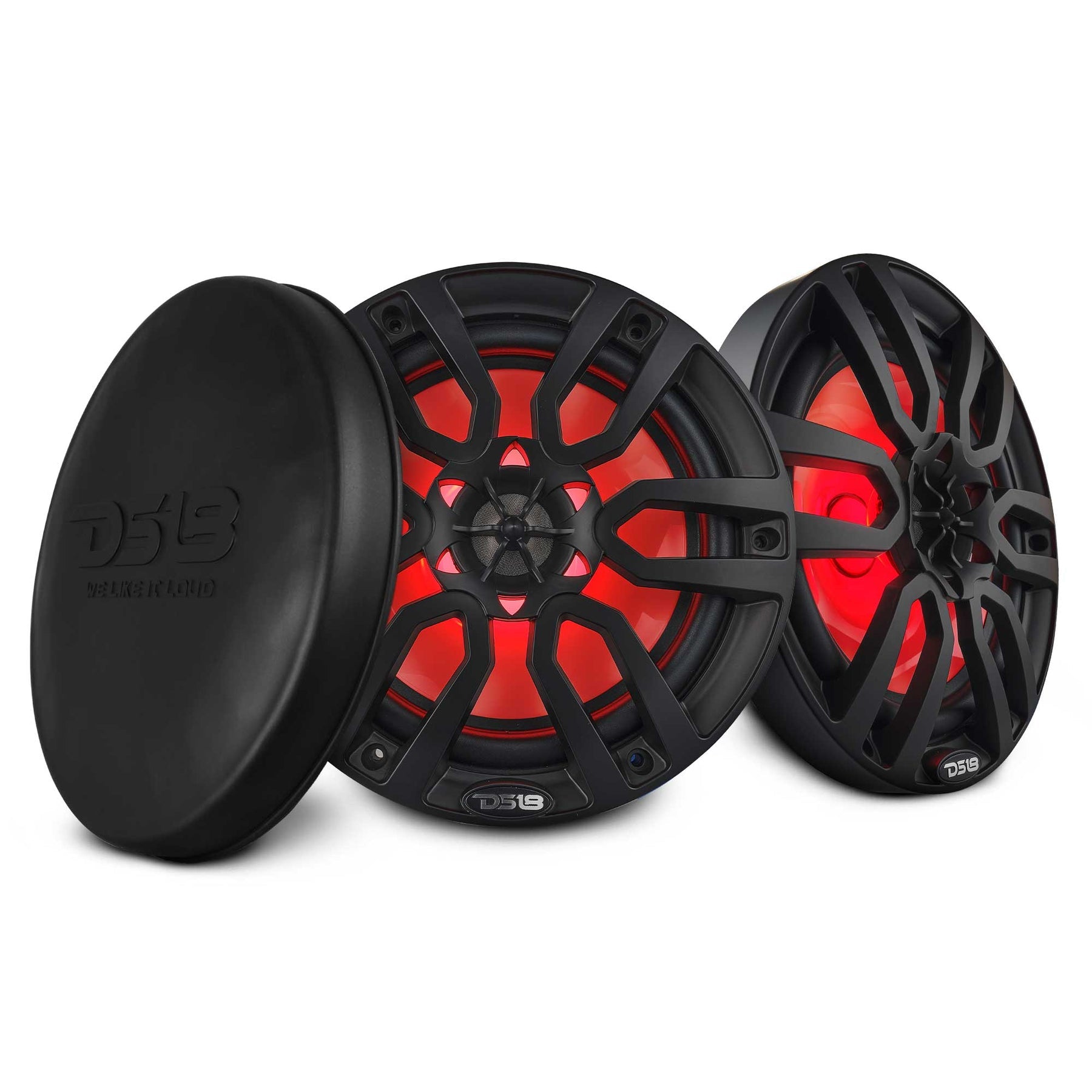 DS18 NXL-8 black 8-inch marine speakers with plastic grilles and RGB lighting pair