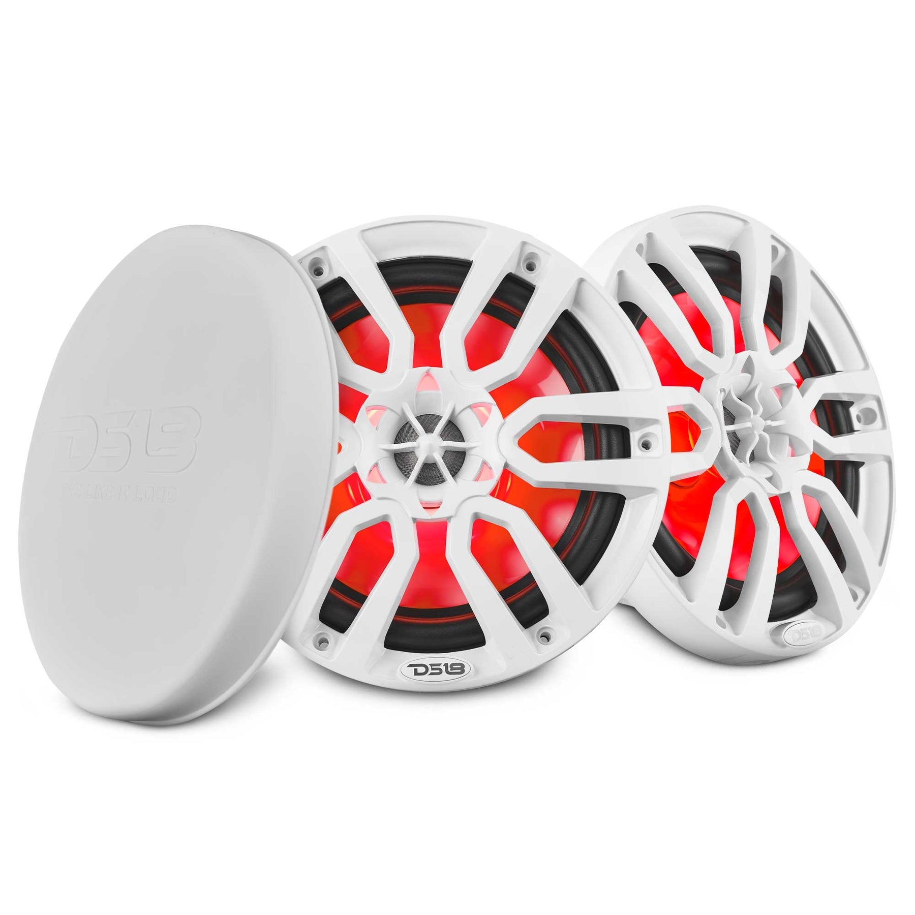 DS18 NXL-8 white 8-inch marine speakers with plastic grilles and RGB lighting pair