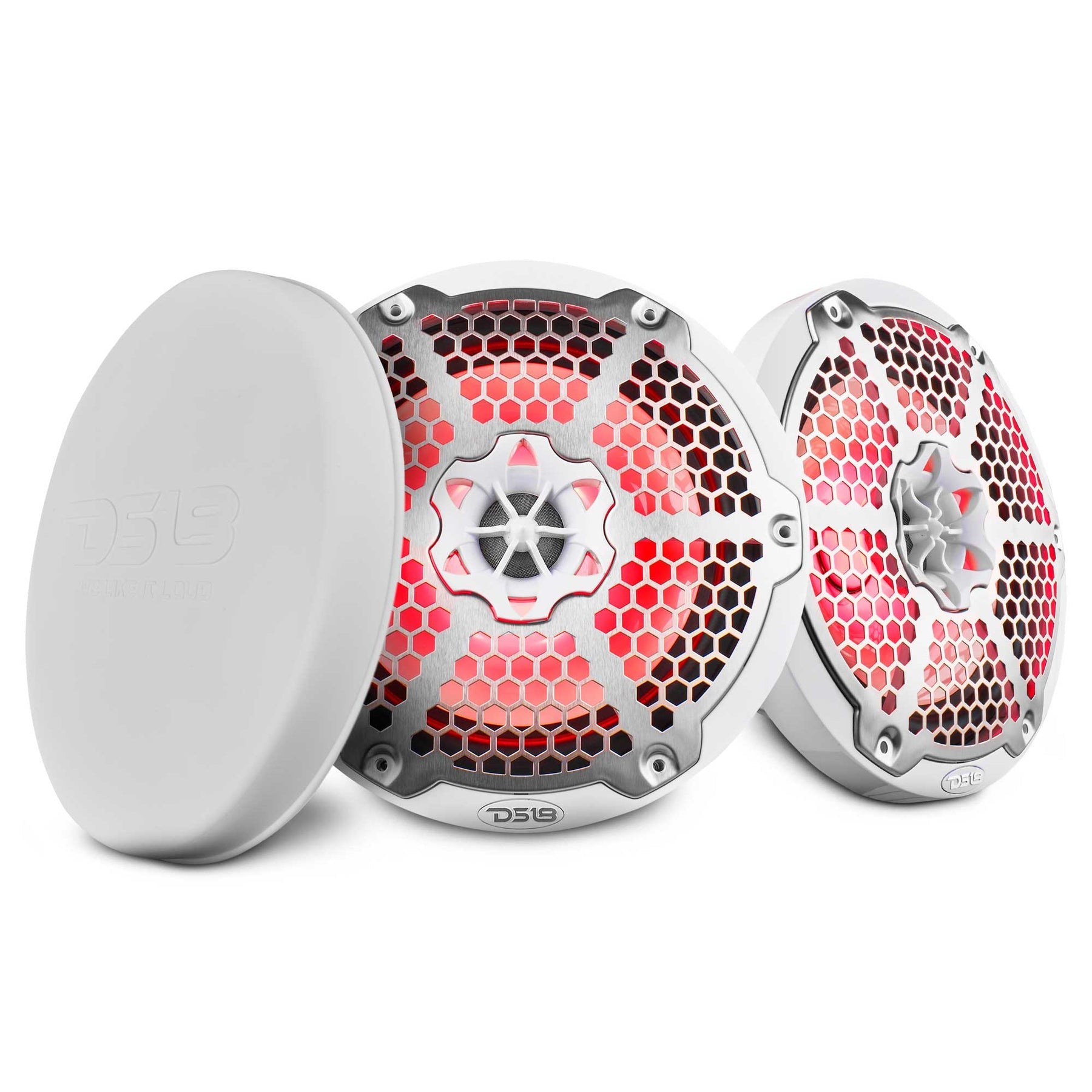 DS18 NXL-8M white 8-inch marine speakers with metal grilles and RGB lighting pair