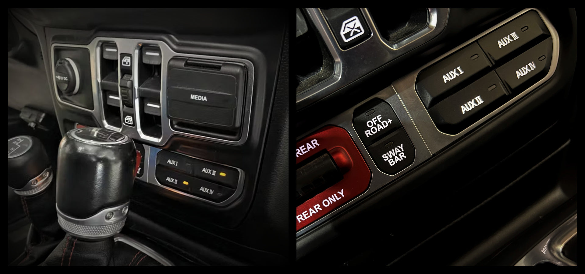 LASFIT Jeep auxiliary switch panel installed in dashboard
