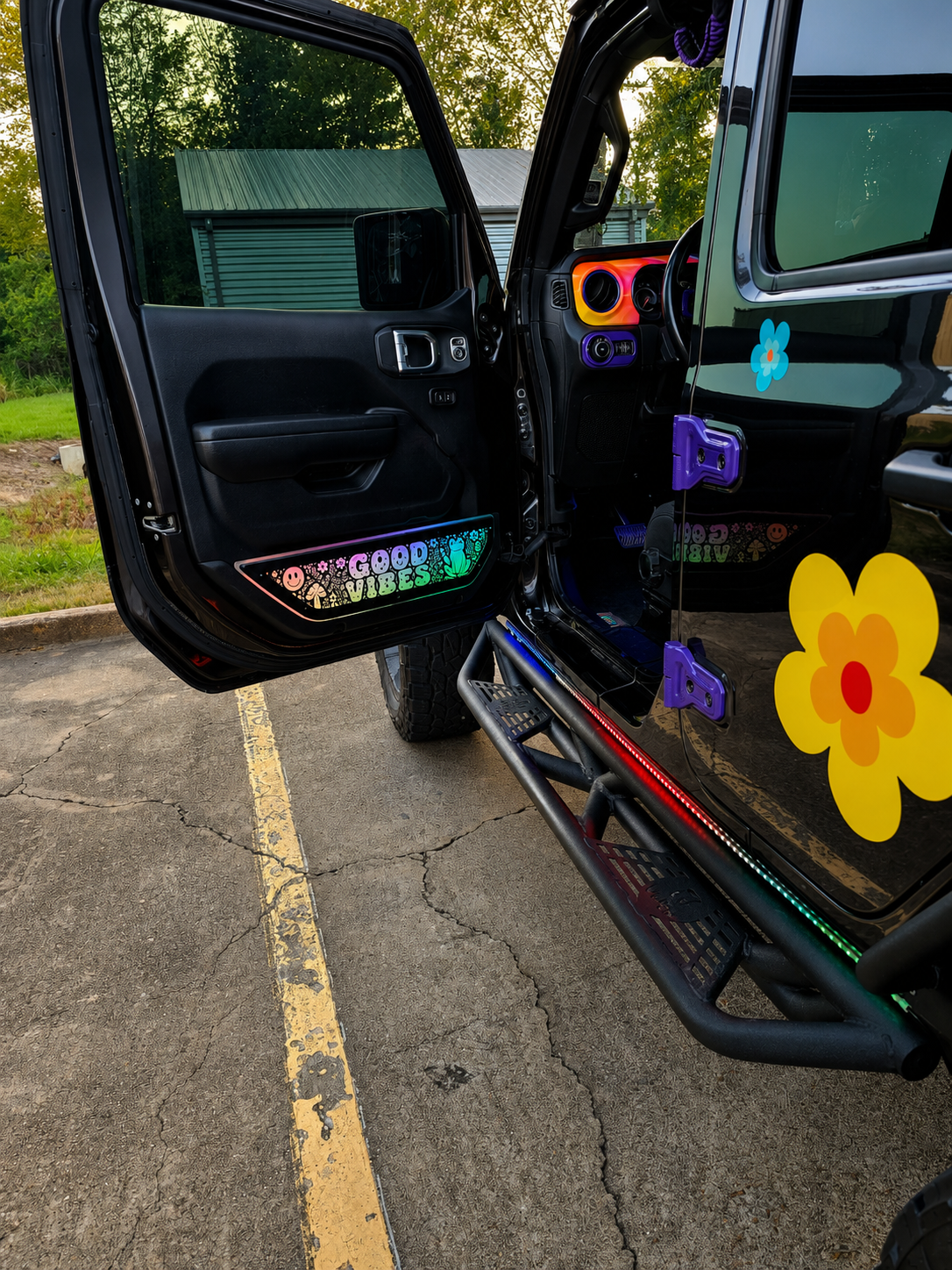 Lit FX personalized Good Vibes LED door-panel pocket delete installed on the front door of a Jeep Wrangler JL