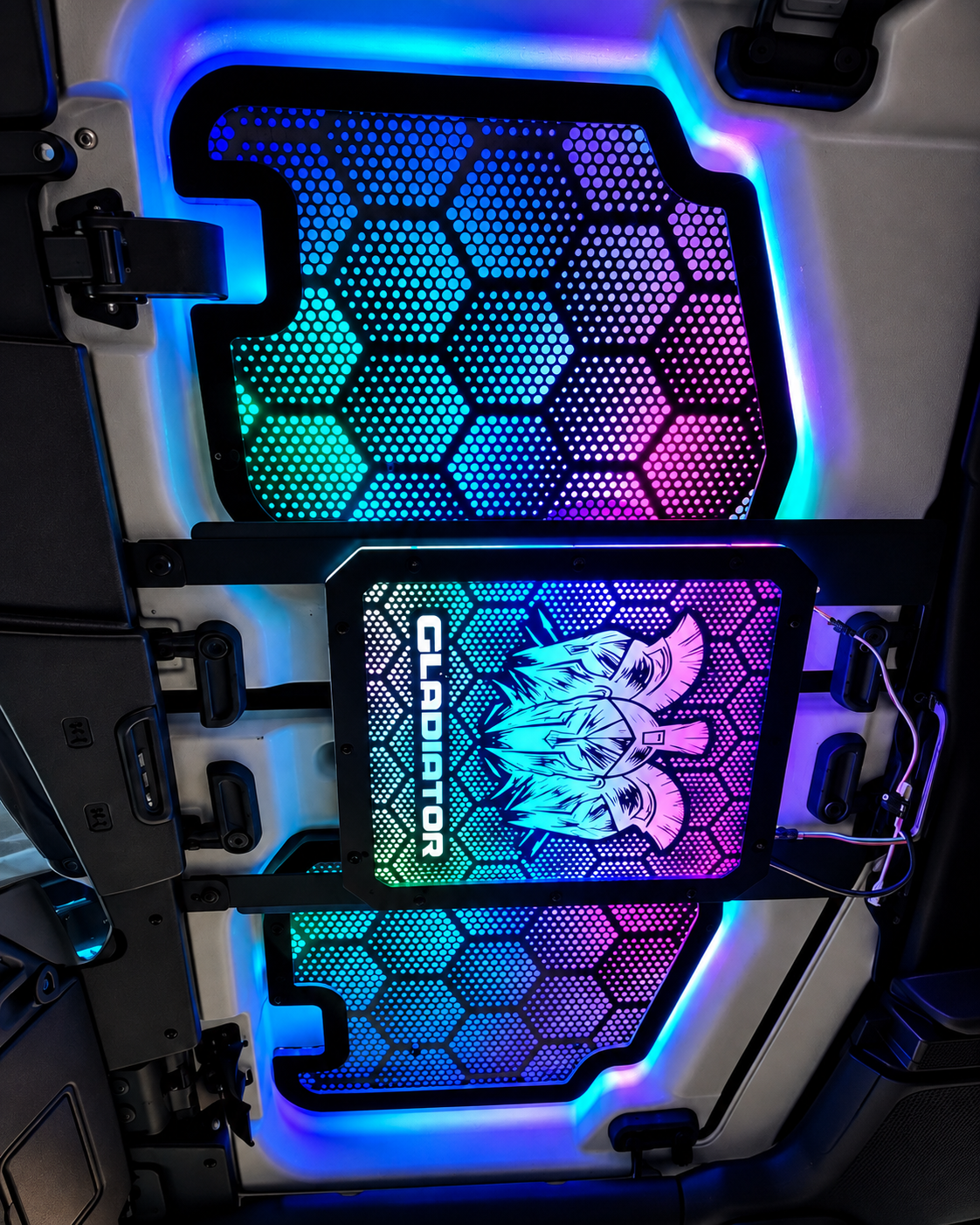 Lit FX Jeep JL JLU JT front Freedom Panels installed with RGB lighting; overhead MOLLE rack and center panel shown but not included