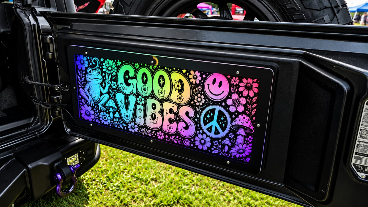 Lit FX custom engraved Jeep Wrangler tailgate LED panel with Good Vibes artwork and multicolor RGB lighting