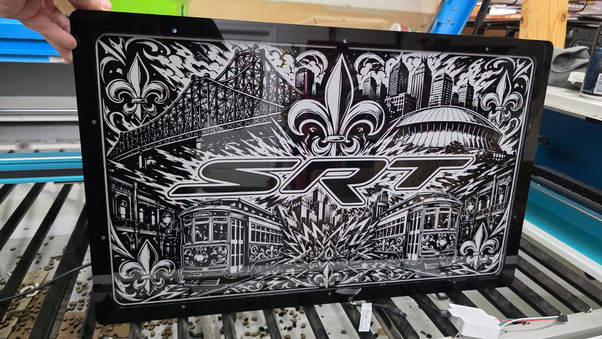 Lit FX custom SRT New Orleans engraved tri-stack acrylic plaque, fleur-de-lis, bridge, streetcars and skyline
