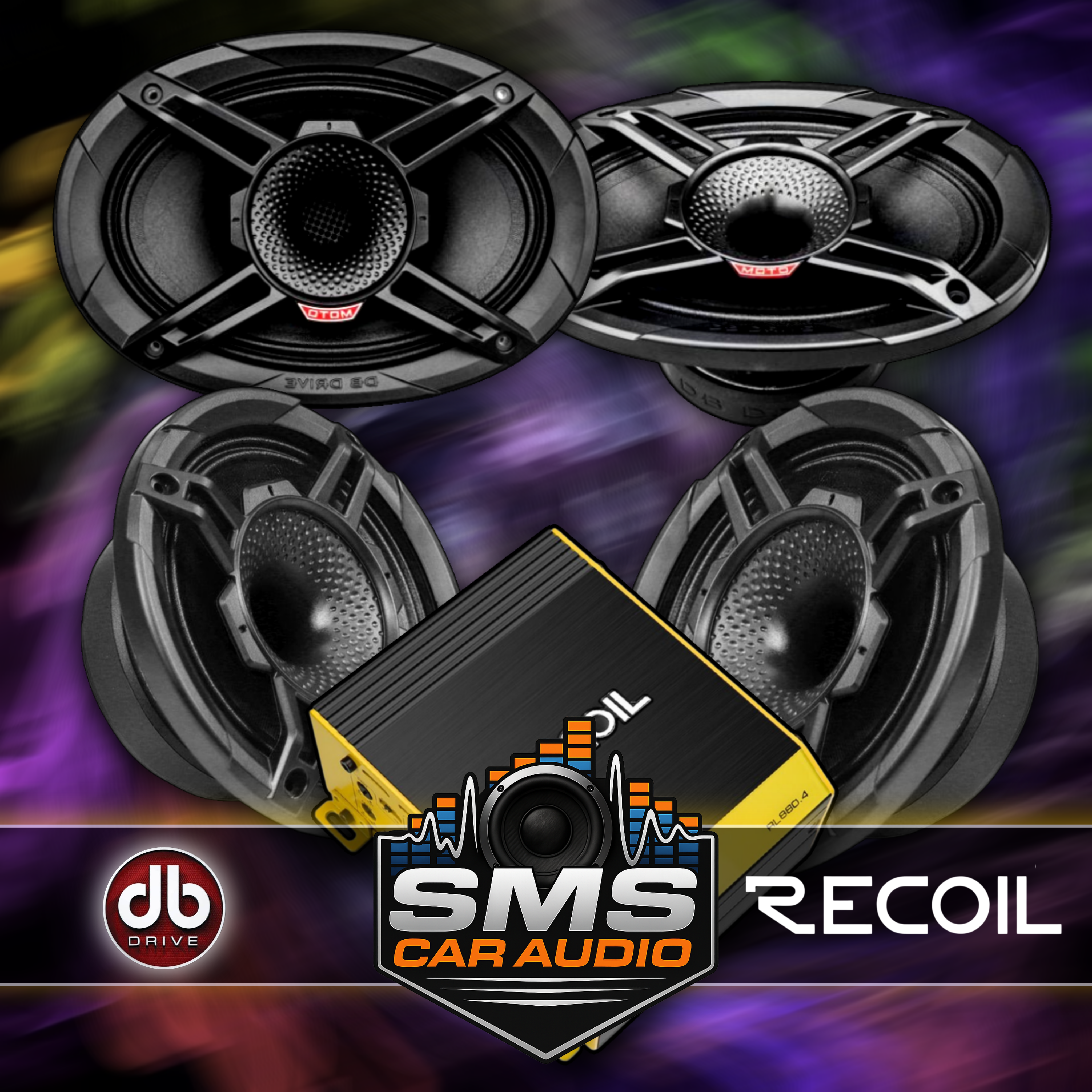 DB Drive Moto CD 6x9” + 6.5” Speaker Bundle w/ Recoil RL 880.4 4-Channel Amplifier Sale