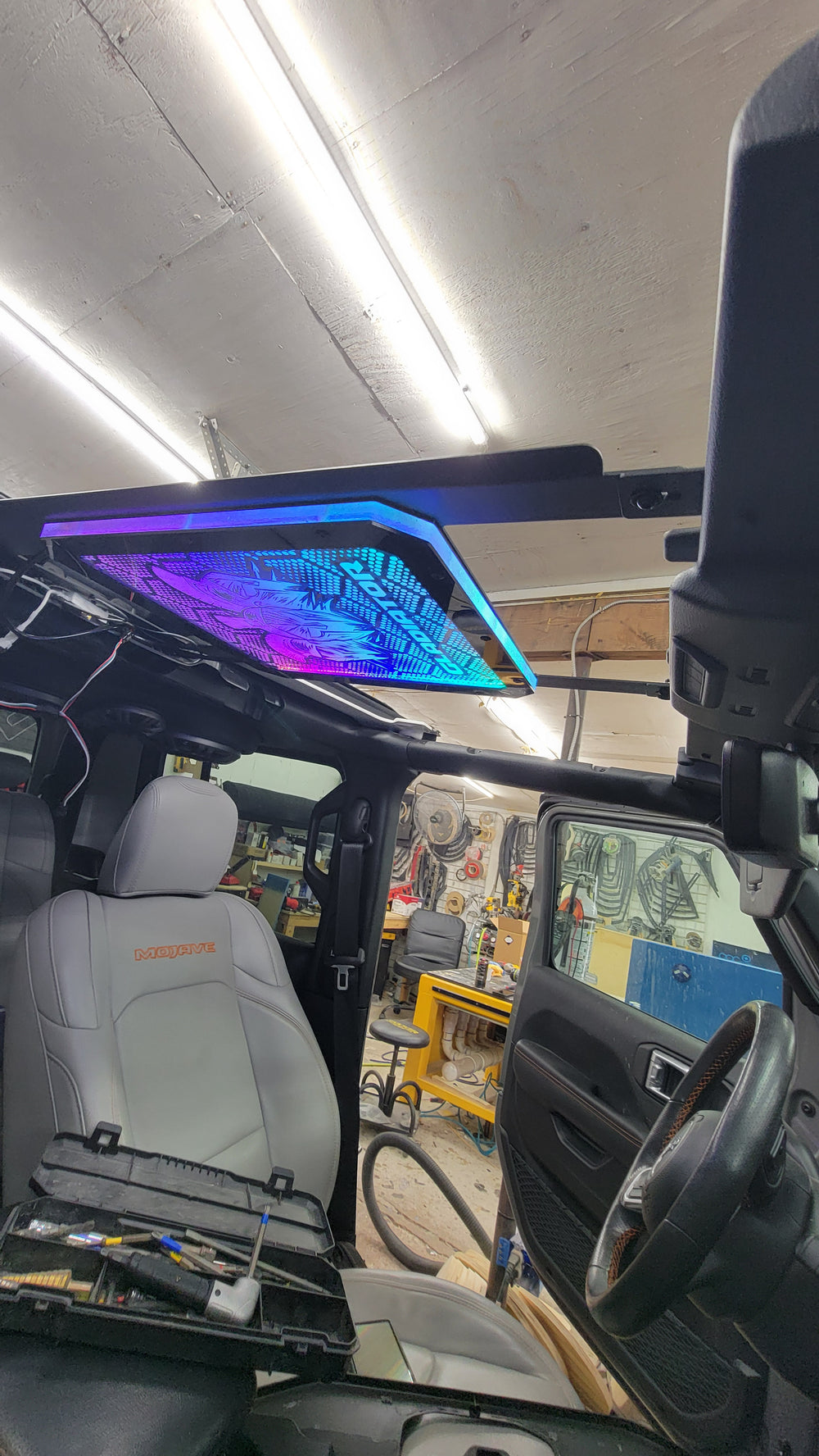 Lit FX SMS Car Audio Jeep MOLLE-rack-mounted custom LED center panel