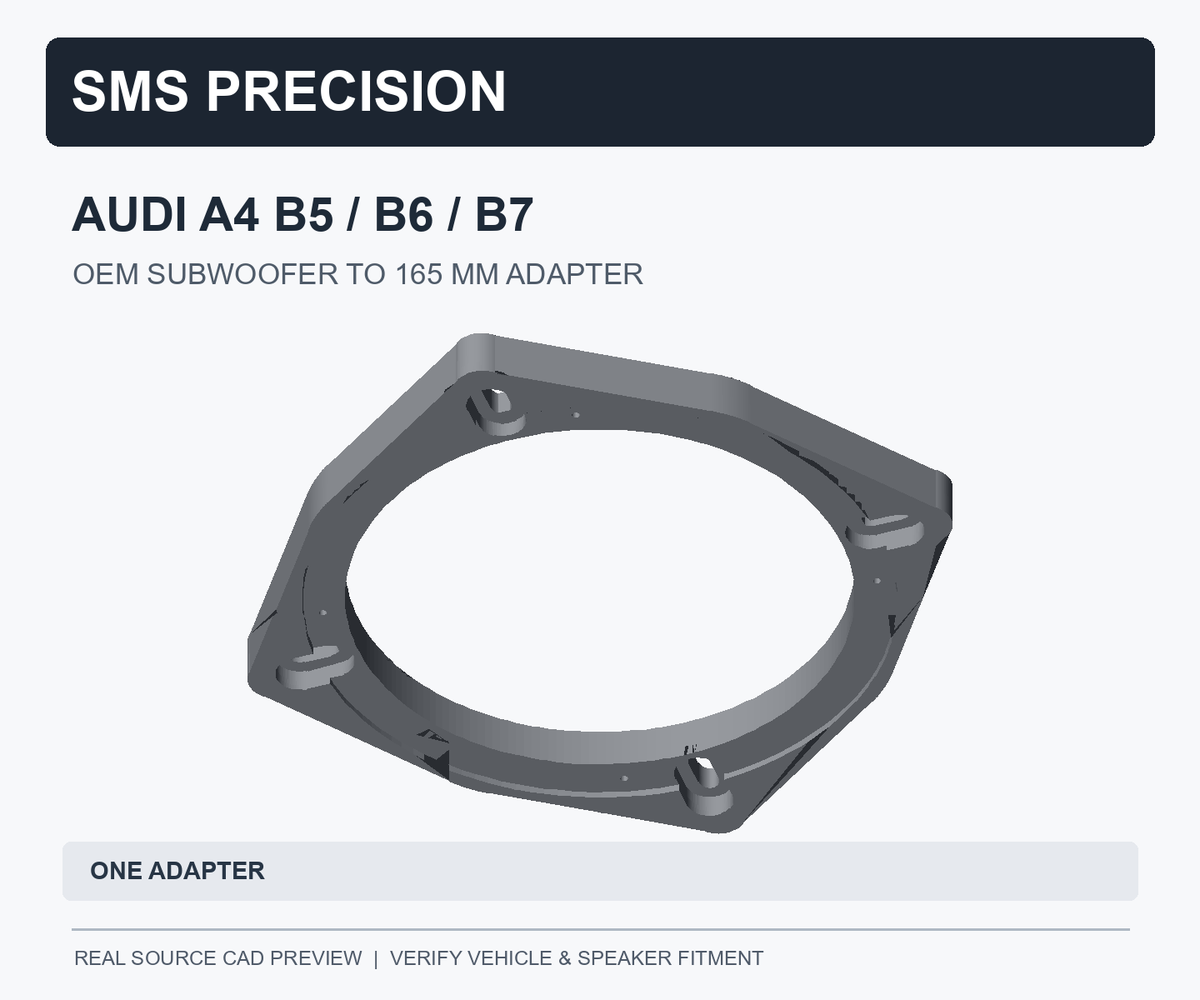 Source CAD preview of SMS Precision Audi A4 B5/B6/B7 OEM subwoofer-to-165mm speaker adapter, sold individually