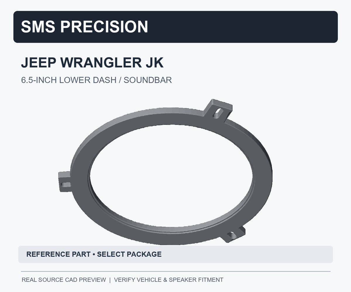 Reference CAD of Jeep Wrangler JK 6.5-inch mounting adapter for lower dash or soundbar; select exact package