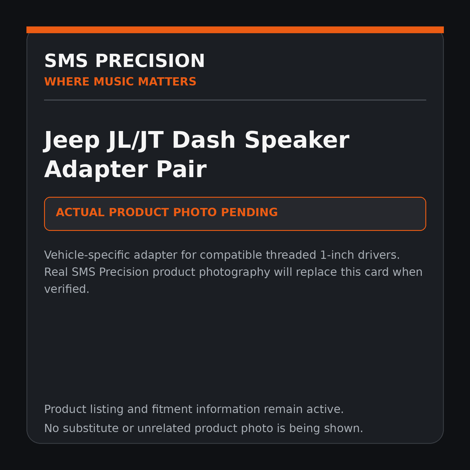 SMS Precision Jeep JL/JT dash speaker adapter pair — actual product photo pending