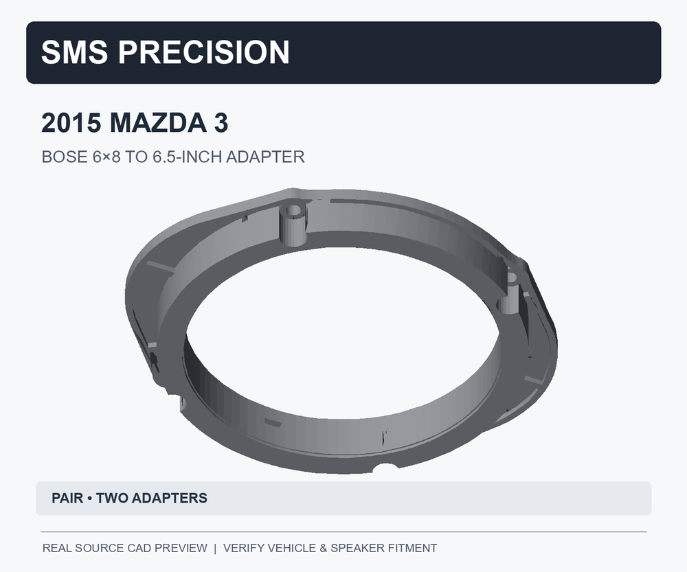 Actual source CAD preview of 2015 Mazda 3 Bose 6x8 to 6.5-inch front-door speaker adapter, two brackets per pair; fitment verification required
