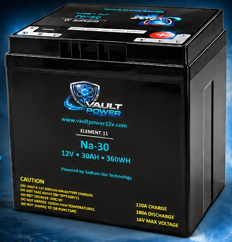 Vault Power NA-30 30Ah sodium-ion battery — exact model from supplier product photo