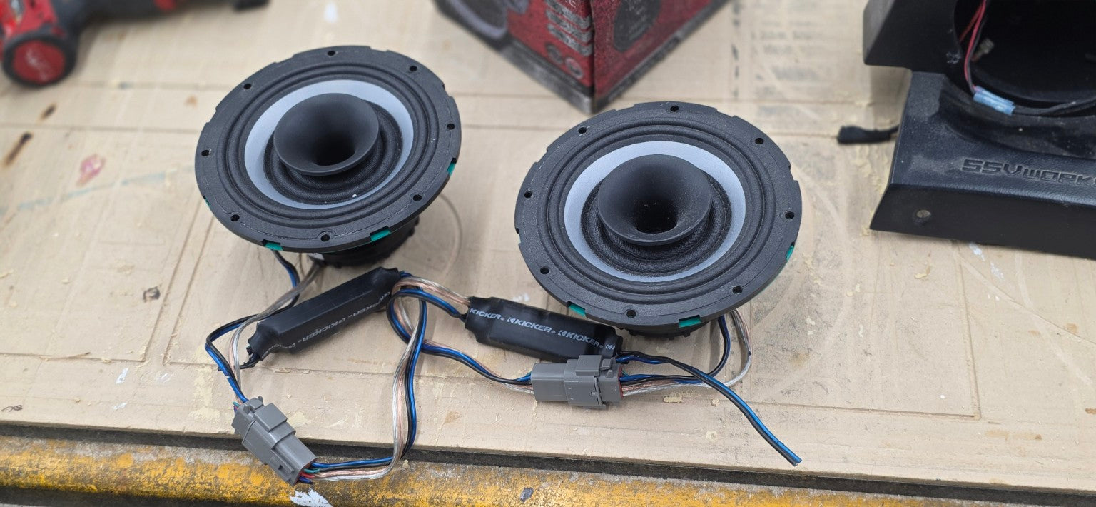 Used Kicker 48KMXL65 6.5-inch KMXL horn-loaded speakers pair with short horns installed, no grilles