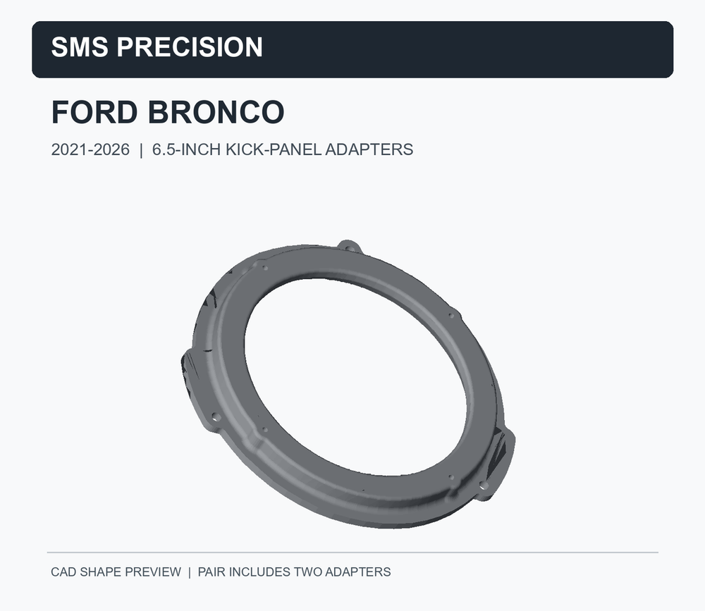 CAD model preview of the SMS Precision 2021–2026 Ford Bronco 6.5-inch kick-panel speaker adapter pair