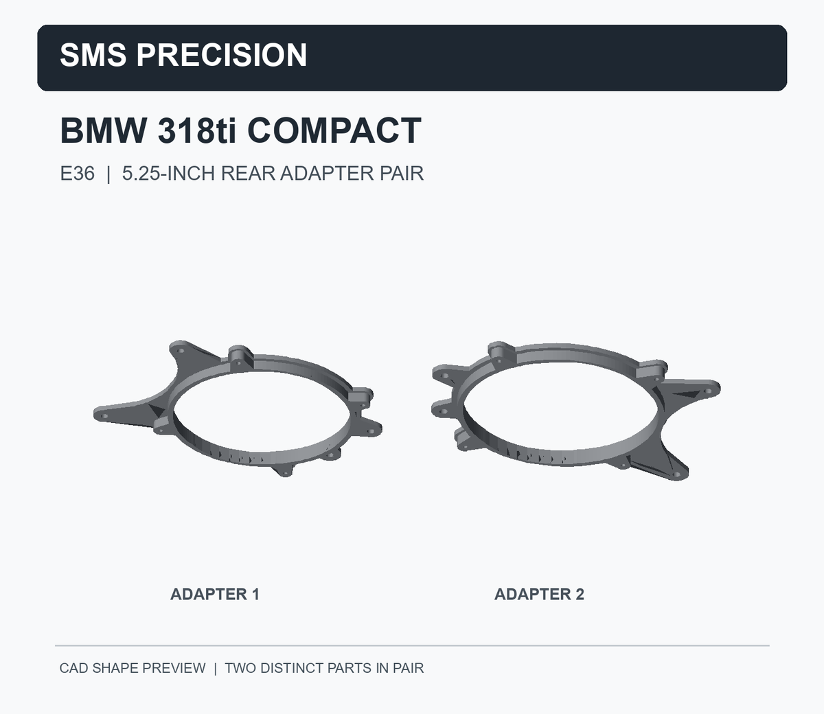 CAD preview showing both different BMW E36 318ti Compact 5.25-inch rear speaker adapter brackets, one right-side and one left-side
