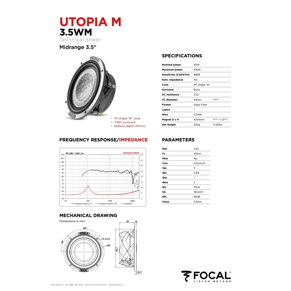 3.5 Wm Focal Utopia m 3.5’’ Midrange Speaker Driver 50w