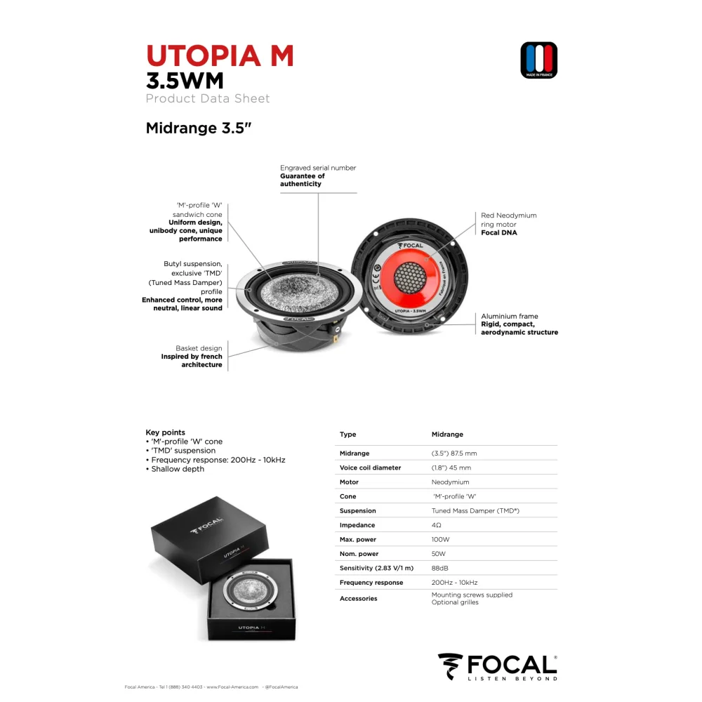 3.5 Wm Focal Utopia m 3.5’’ Midrange Speaker Driver 50w