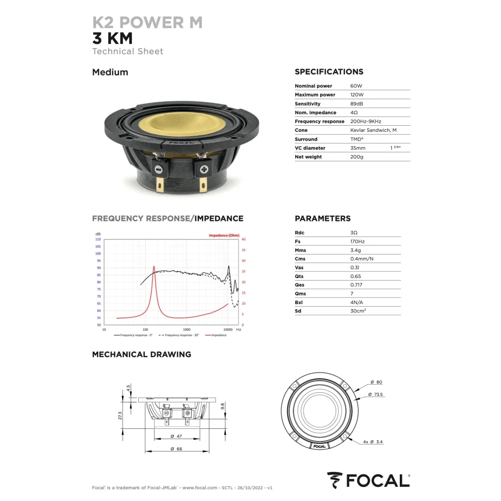 3 Km Focal K2 Power m 3’’ Midrange Speaker 60w Rms