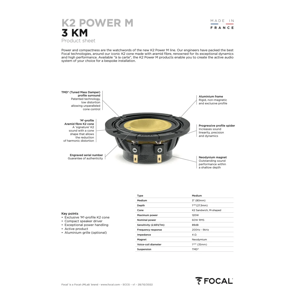 3 Km Focal K2 Power m 3’’ Midrange Speaker 60w Rms