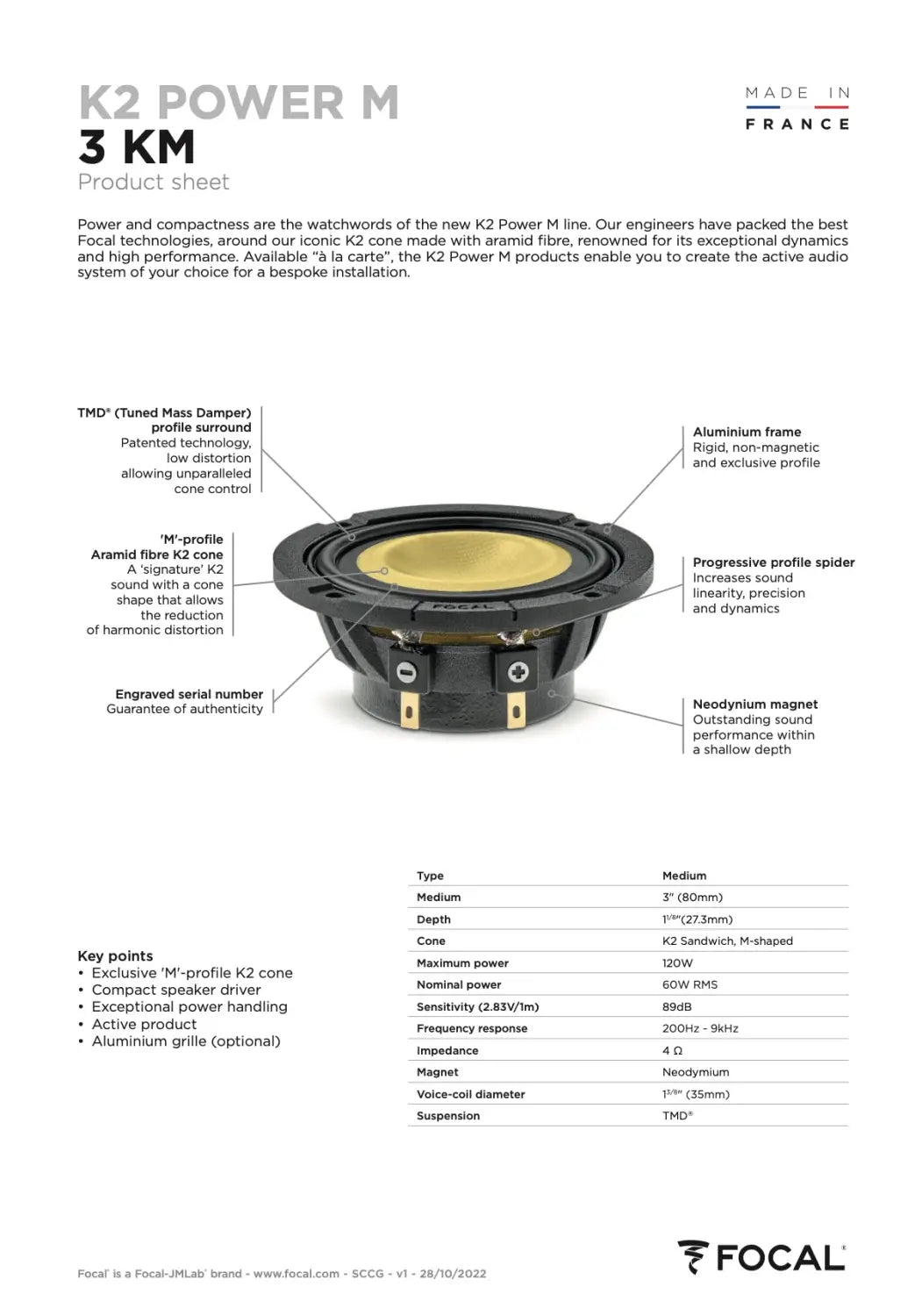 3 Km Focal K2 Power m 3’’ Midrange Speaker 60w Rms