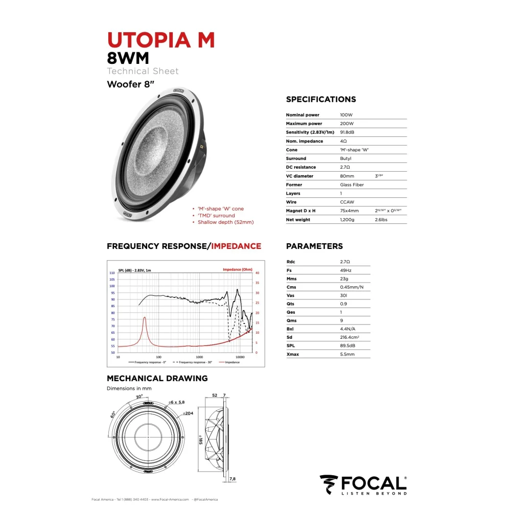 8 Wm Focal Utopia m 8’’ Woofer 100w Rms Elite Car Audio