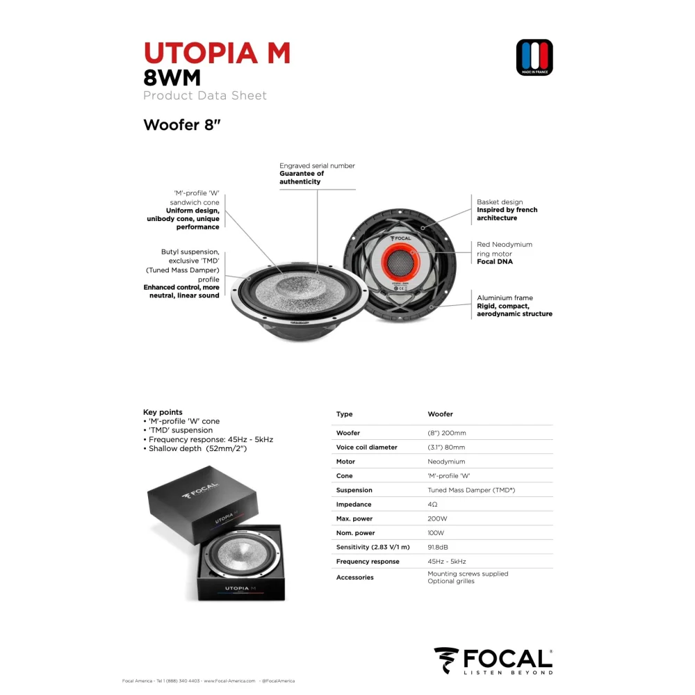 8 Wm Focal Utopia m 8’’ Woofer 100w Rms Elite Car Audio