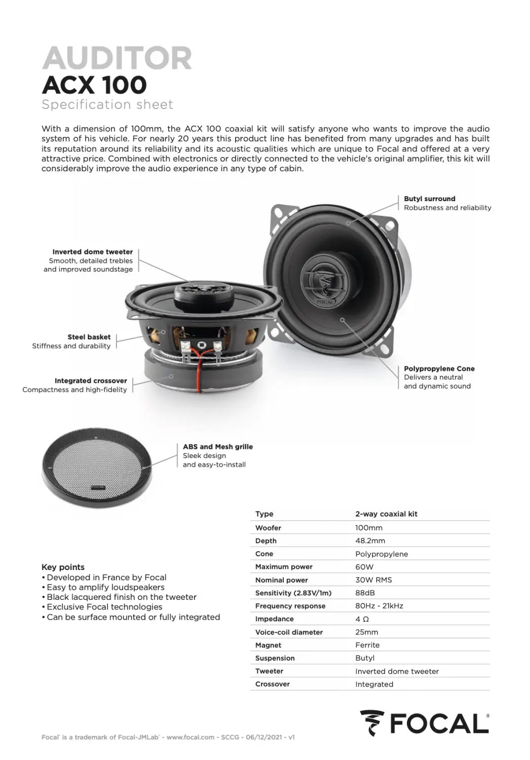 Acx 100 Focal Auditor 4’’ Inch Coaxial 2 Way Speakers