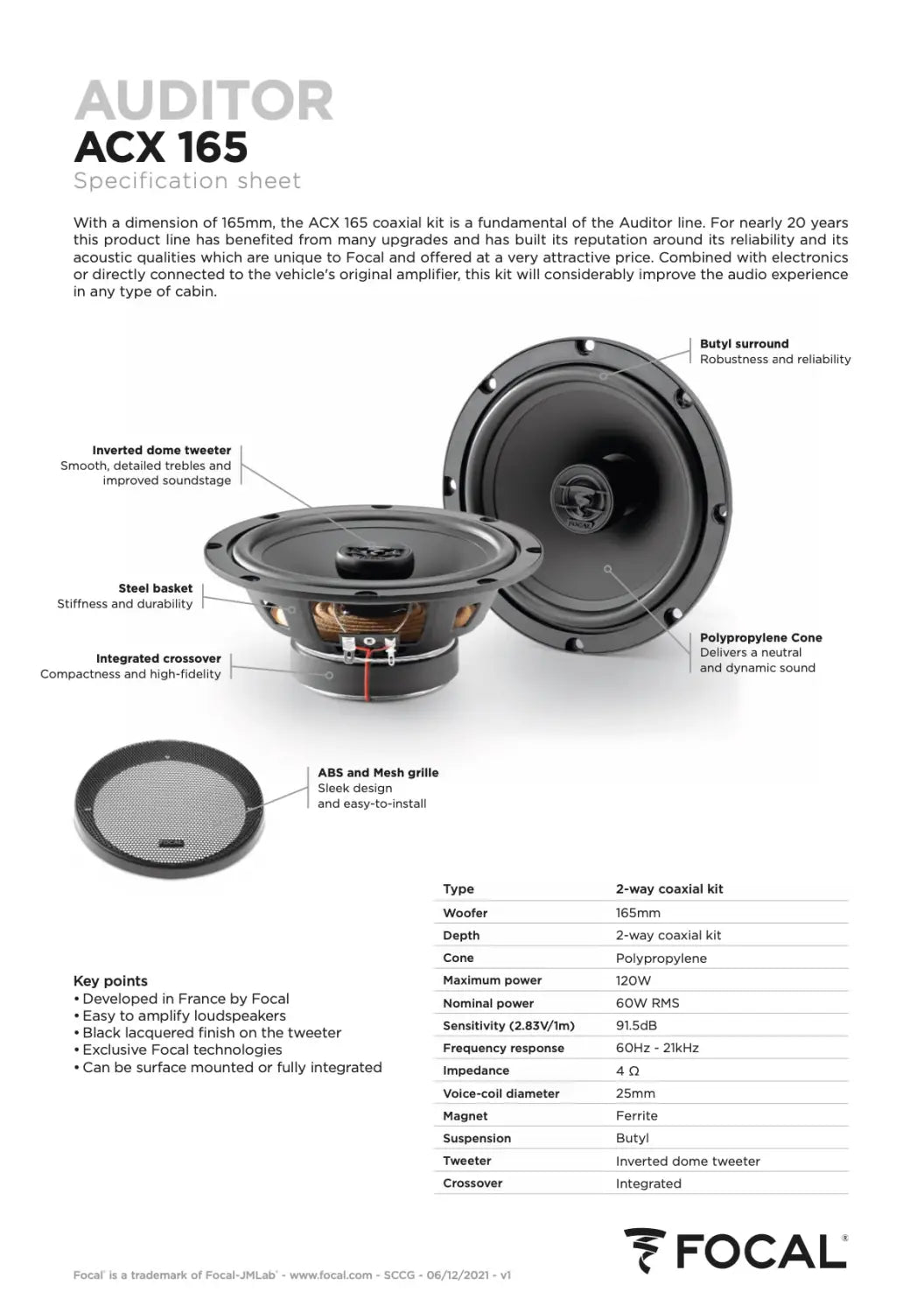 Acx 165 Focal Auditor 6.5’’ 6 1/2 Inch Coaxial 2 Way