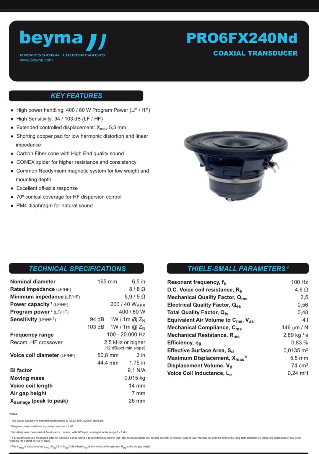 Beyma PRO6FX240ND - 6.5" Pro Carbon Fiber Coaxial Speaker (Single)