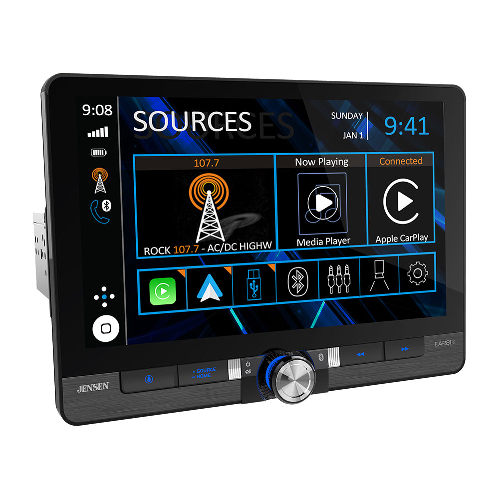 Jensen CAR813 multimedia receiver angled product view