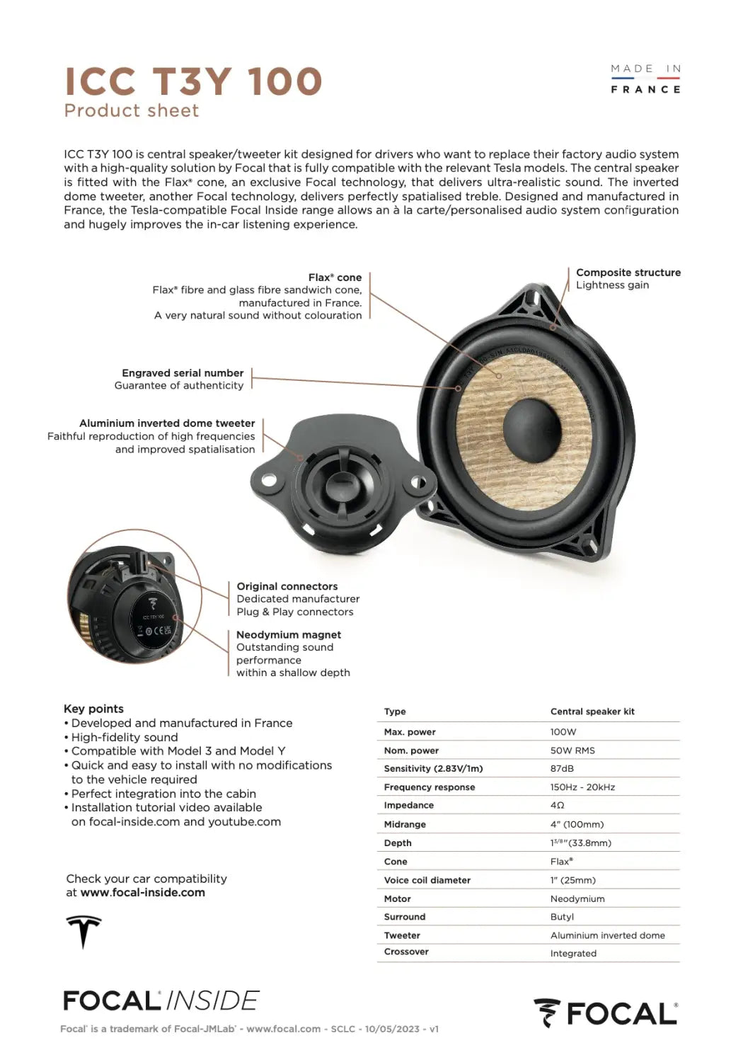 Icc T3y 100 Focal Inside Flax Center Channel Speaker