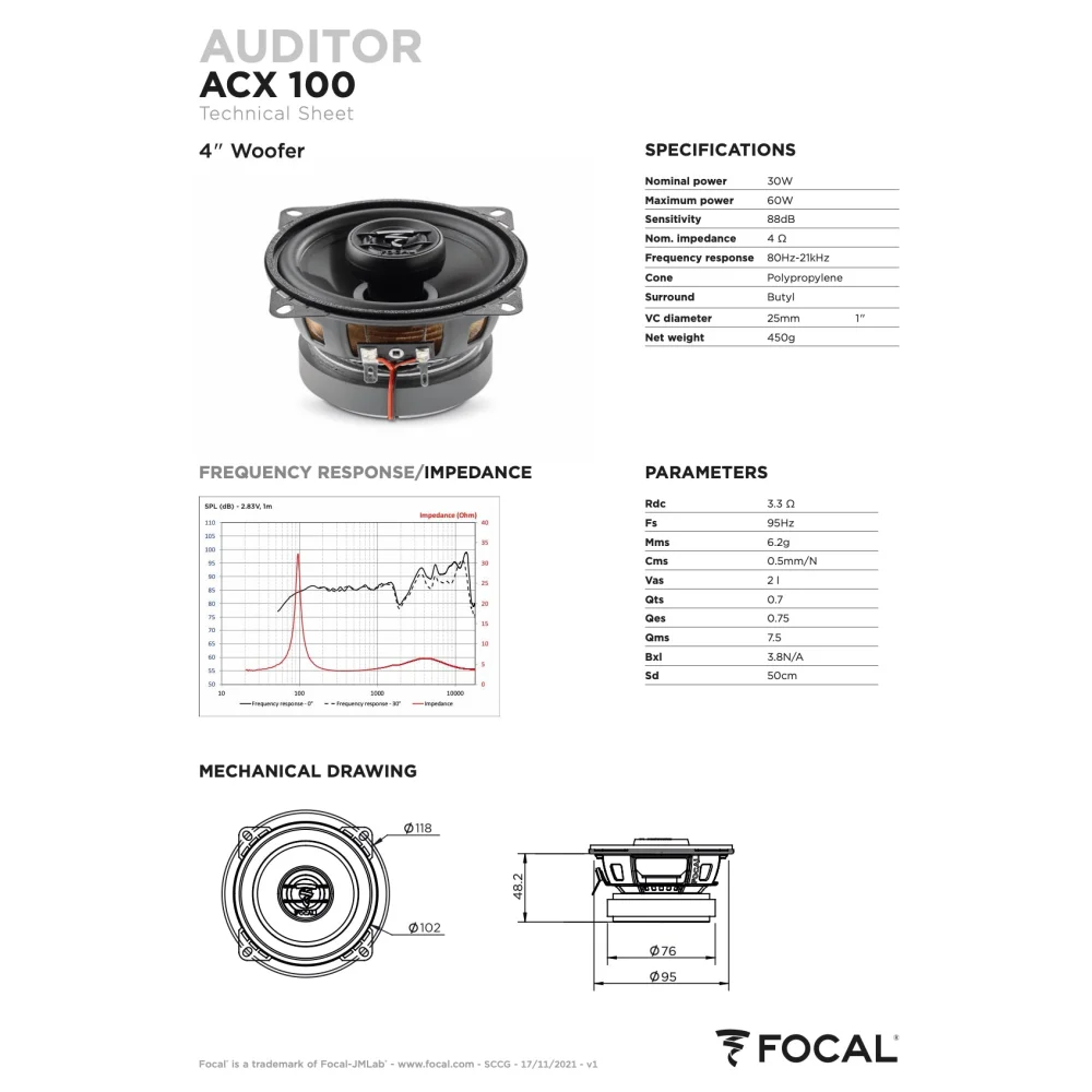 Acx 100 Focal Auditor 4’’ Inch Coaxial 2 Way Speakers