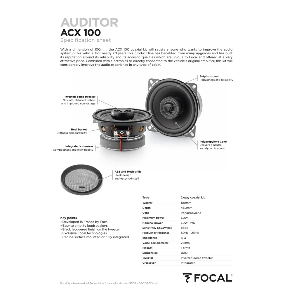 Acx 100 Focal Auditor 4’’ Inch Coaxial 2 Way Speakers