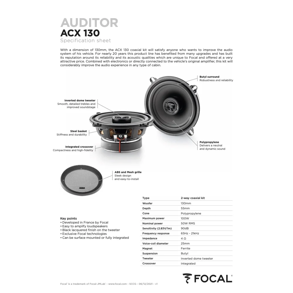 Acx 130 Focal Auditor 5.25’’ 5 1/4 Inch Coaxial 2 Way