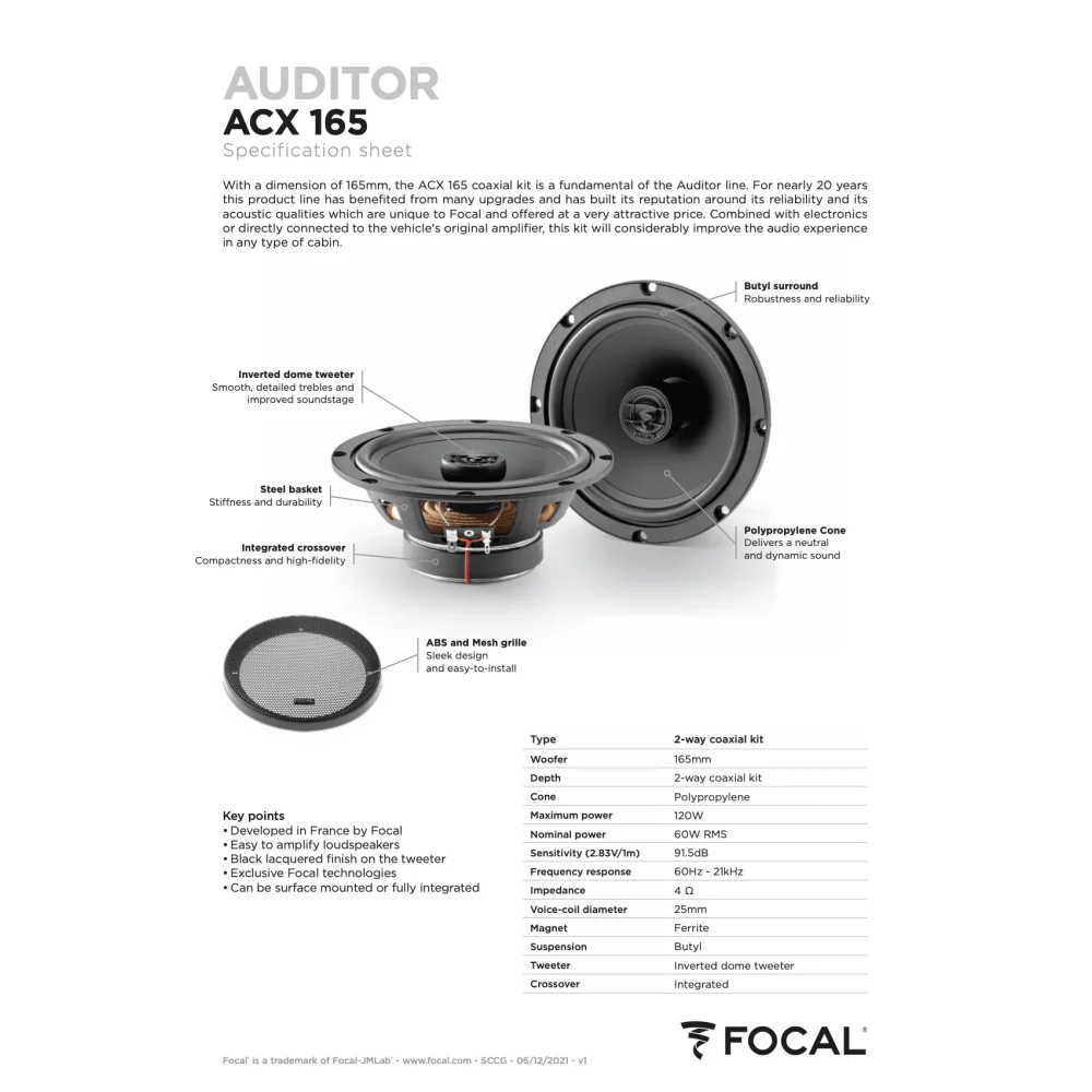 Acx 165 Focal Auditor 6.5’’ 6 1/2 Inch Coaxial 2 Way