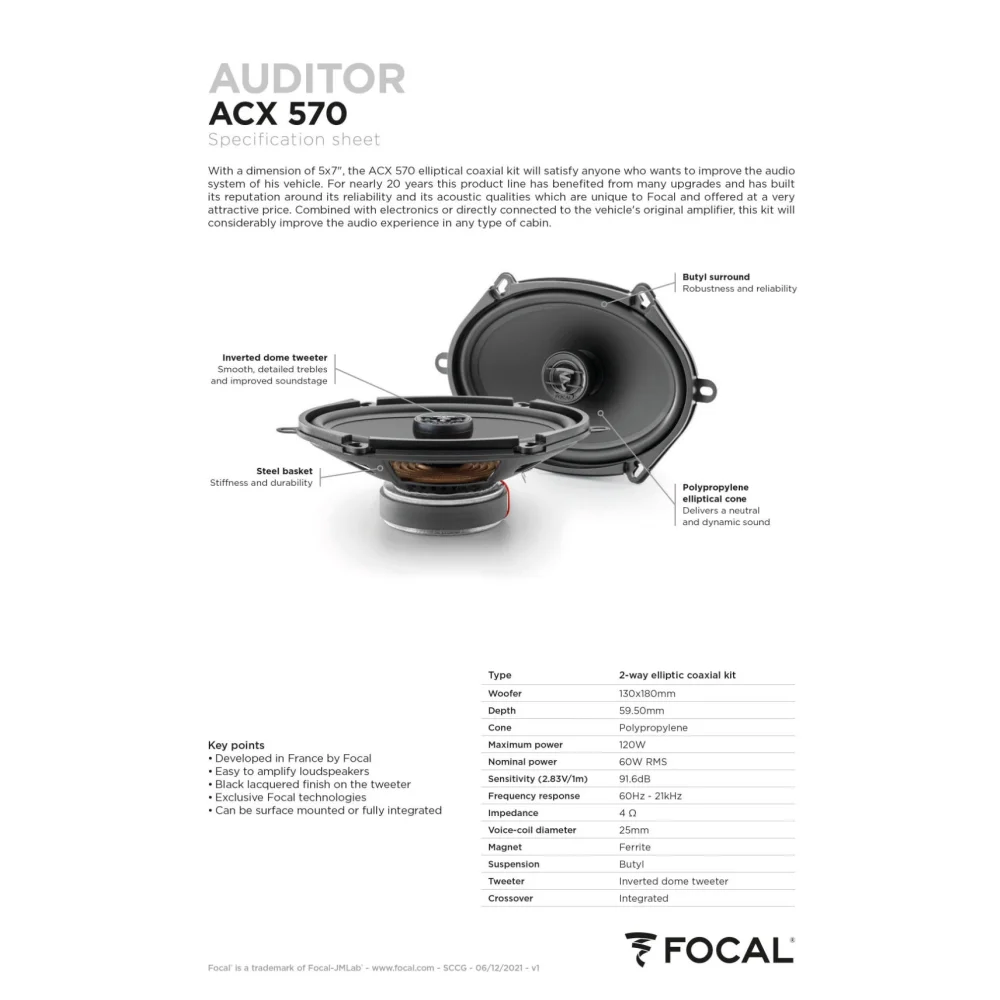 Acx 570 Focal Auditor 5x7’’ 6x8’’ Coaxial 2 Way