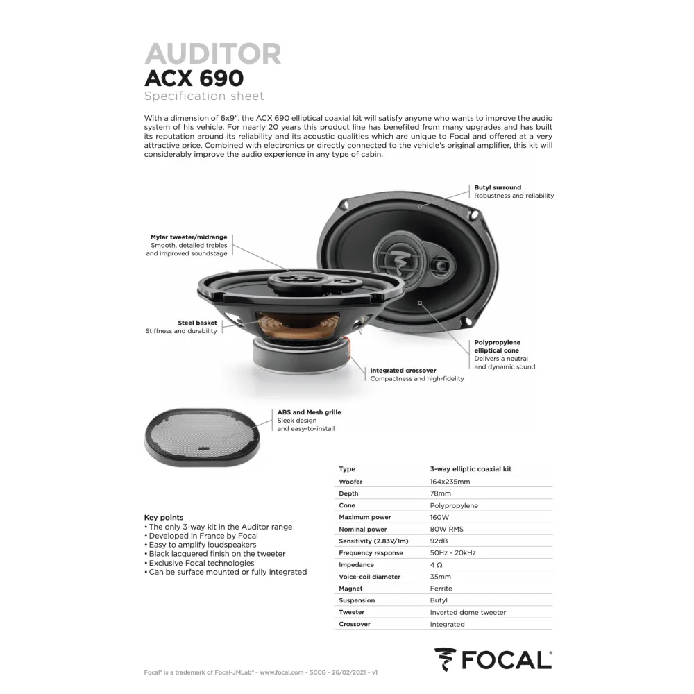 Acx 690 Focal Auditor 6x9’’ Coaxial 3 Way Speakers 80w