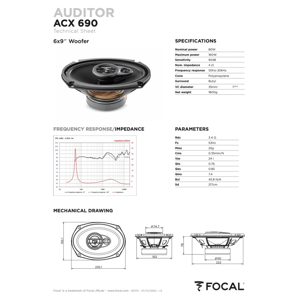 Acx 690 Focal Auditor 6x9’’ Coaxial 3 Way Speakers 80w