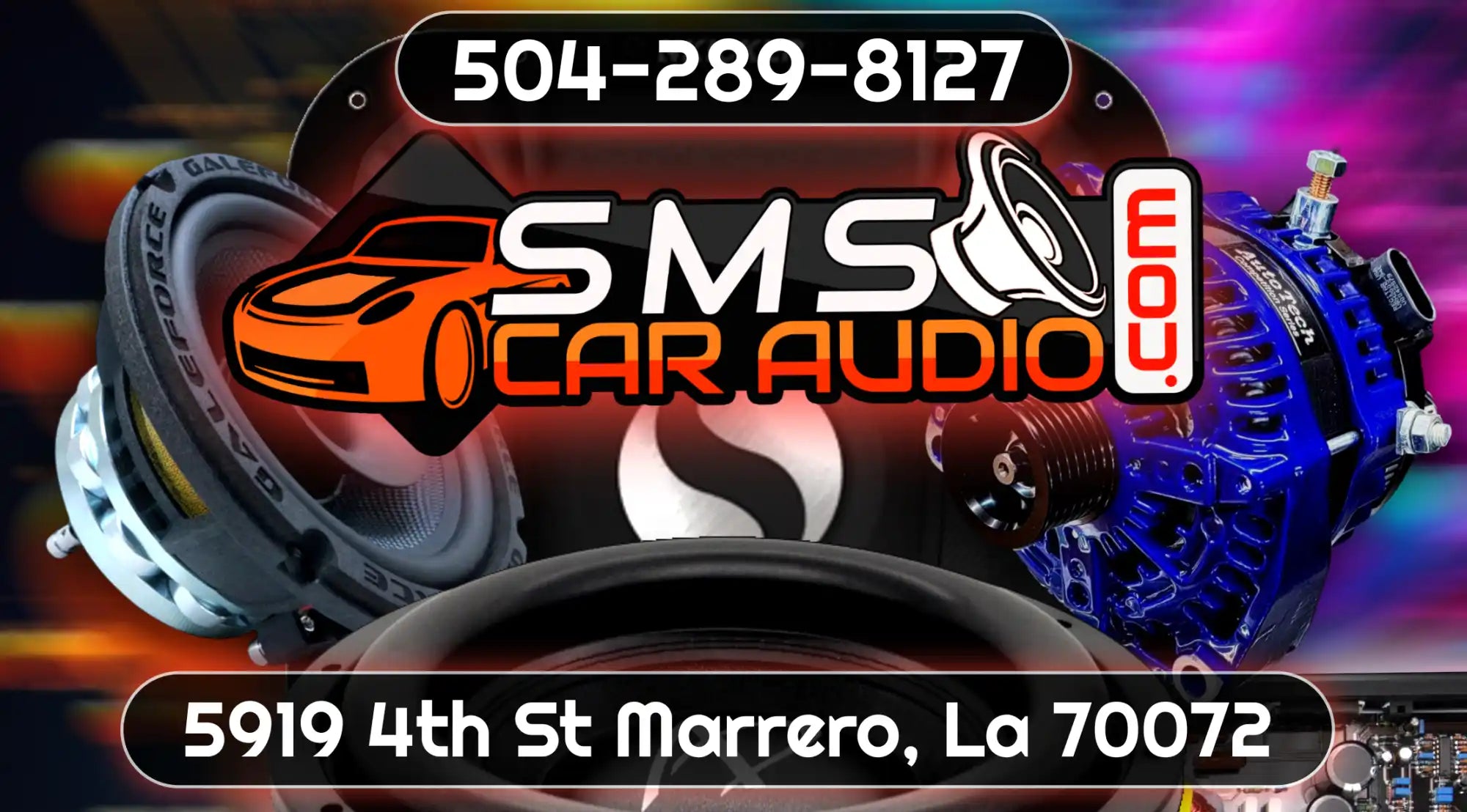 Business card or advertisement design for SMS Car Audio featuring a speaker and car logo.